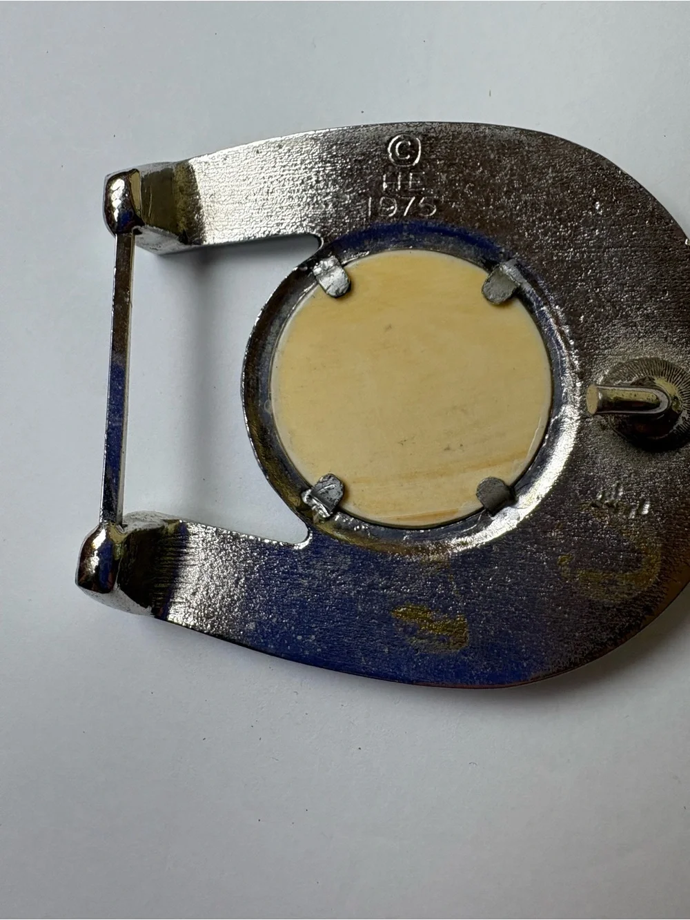 Vintage Scrimshaw Style Ship Belt Buckle Silver Tone Horseshoe Shape